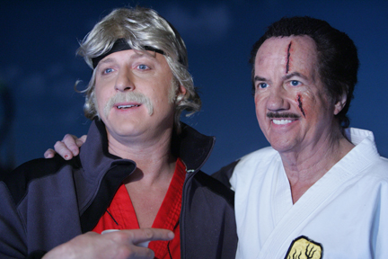 Billy Zabka ("The Karate Kid") and Bob Wall (reprising his O'Hara character) on the set of a commerical for TwinLab.