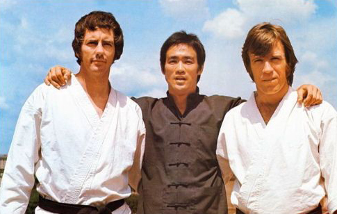 Bob Wall with Bruce Lee and Chuck Norris on the set of "Way of the Dragon"