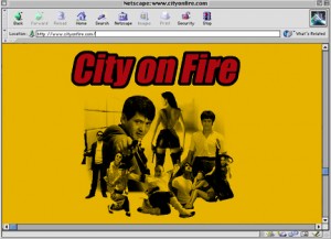 The very first cityonfire front page (1999). Check out that buggy Netscape browser!